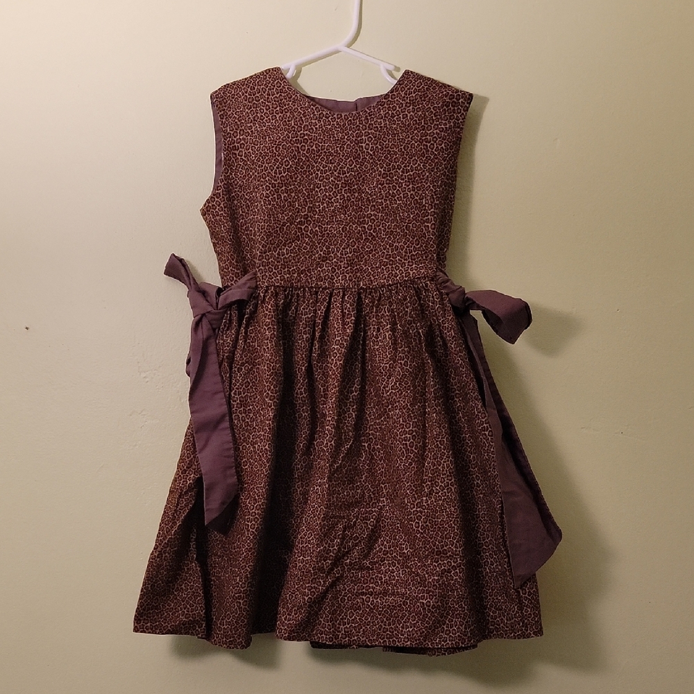 Charming Brown Animal Print Kids Dress with Bow Accents